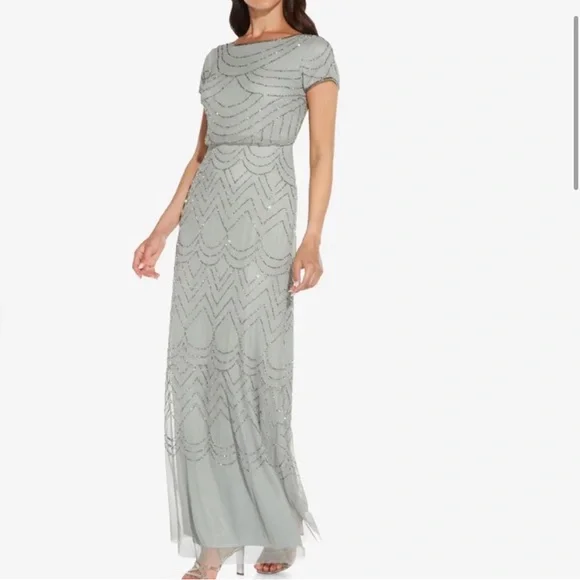 NWT Adrianna Papell Short Sleeve Blouson Beaded Gown in Blue Mist